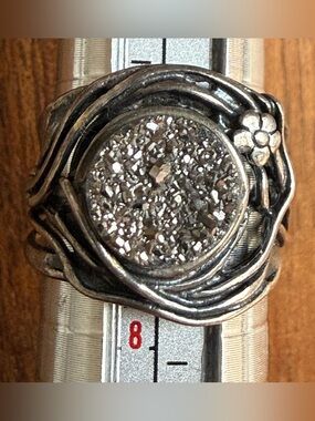 Shablool Didae Israel Modernist Sterling Silver 925 Platinum Druzy Floral Ring